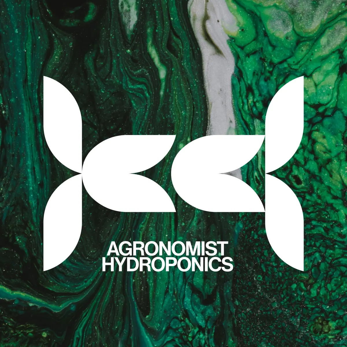 Agronomist Hydroponics logo in white on a green fluid pattern, social media post