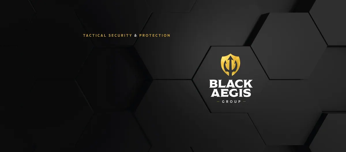 Εικόνα εξωφύλλου Black Aegis Group με το σύνθημα Tactical Security and Protection σε μαύρο εξαγωνικό φόντο