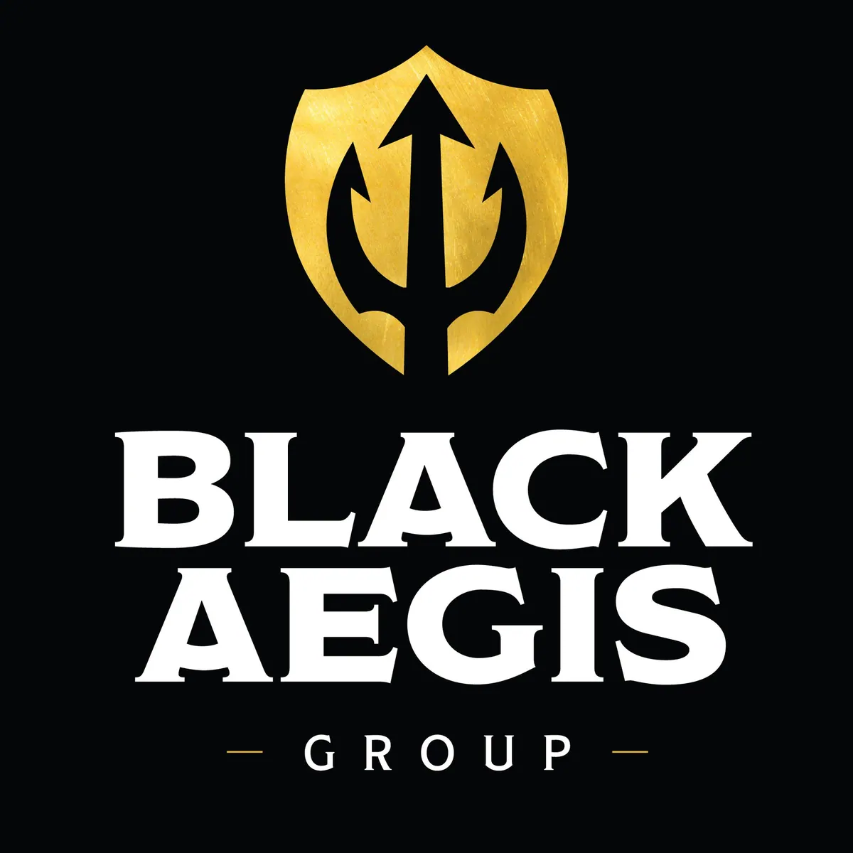 Λογότυπο Black Aegis Group, χρυσή ασπίδα με τρίαινα πάνω από το όνομα, σε μαύρο φόντο