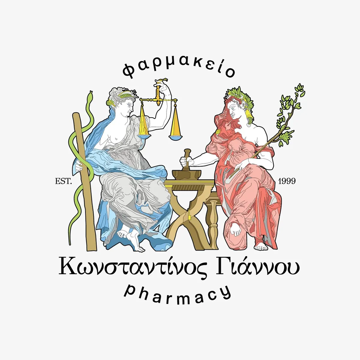 Λογότυπο Φαρμακείο Κωνσταντίνος Γιάννου, δύο αρχαίες μορφές με ζυγαριά και γουδί, est. 1999