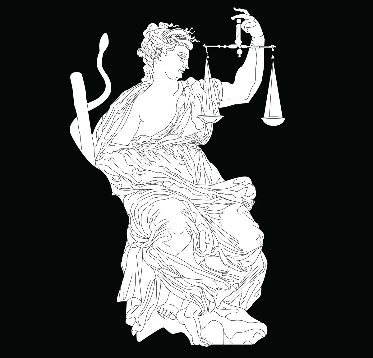 Γραμμικό σχέδιο αρχαίας γυναικείας μορφής με ζυγαριά και φίδι, σε μαύρο φόντο
