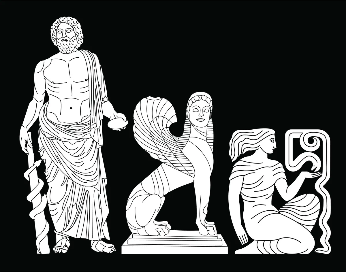 Γραμμικό σχέδιο με αρχαίο άγαλμα, σφίγγα και γονατιστή μορφή, σε μαύρο φόντο