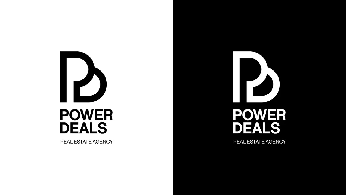 Λογότυπο Power Deals Real Estate Agency σε λευκό και σε μαύρο φόντο