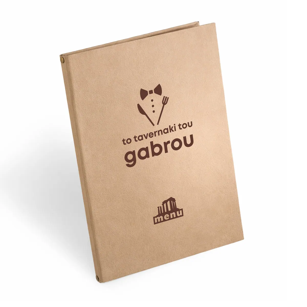Leather menu cover with the To Tavernaki tou Gabrou logo