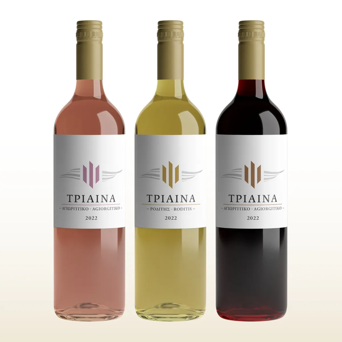 The three Triaina wines, rosé, white and red, side by side