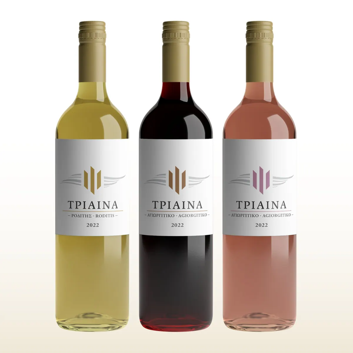 The three Triaina wines on a light background, social media post