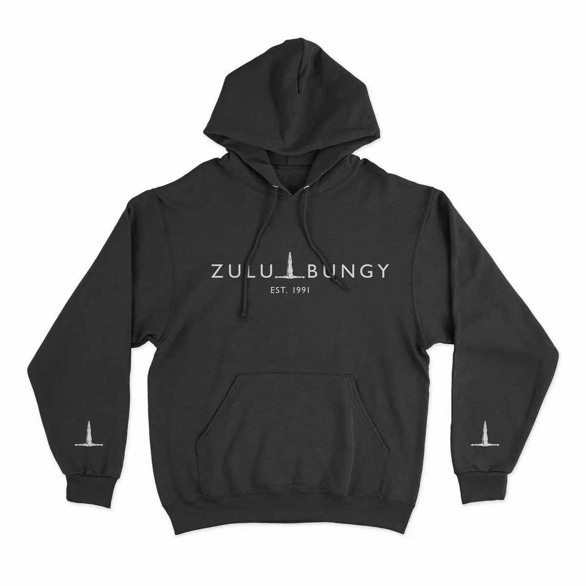 Black hoodie with the Zulu Bungy logo