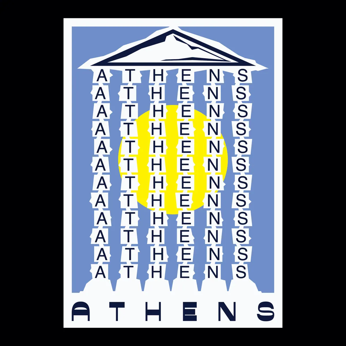 Εκδοχή της αφίσας με τον ναό από τη λέξη ATHENS, με κίτρινο ήλιο πίσω από τους κίονες