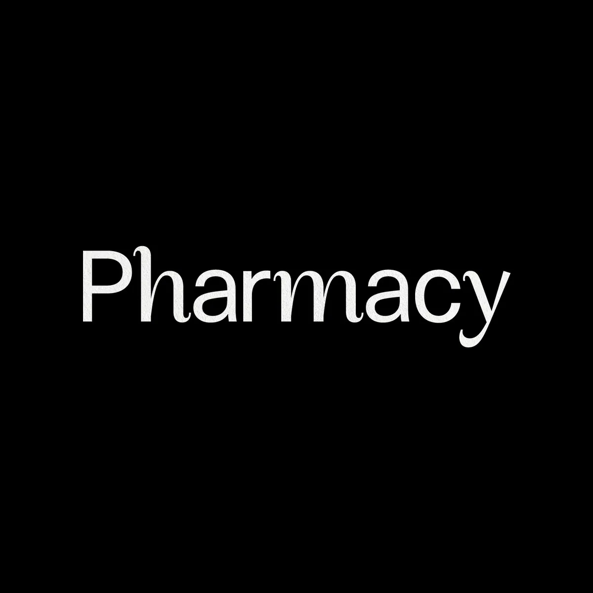Η λέξη Pharmacy με custom γράμματα και ουρά στο h και στο y, λευκή σε μαύρο φόντο