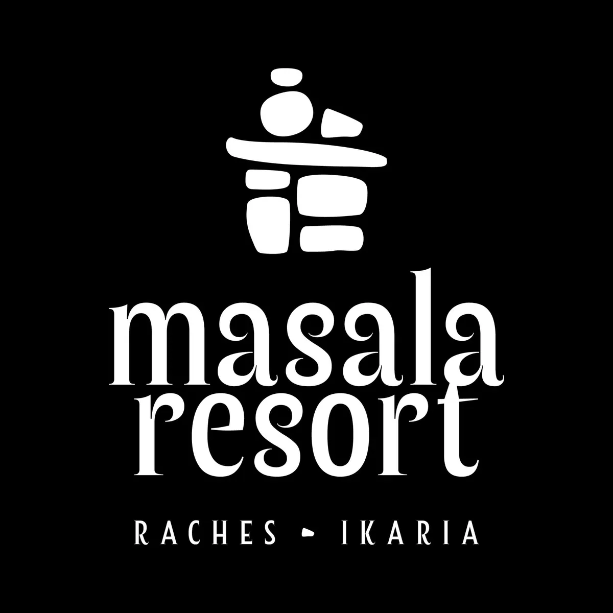 Λογότυπο Masala Resort σε λευκό πάνω σε μαύρο