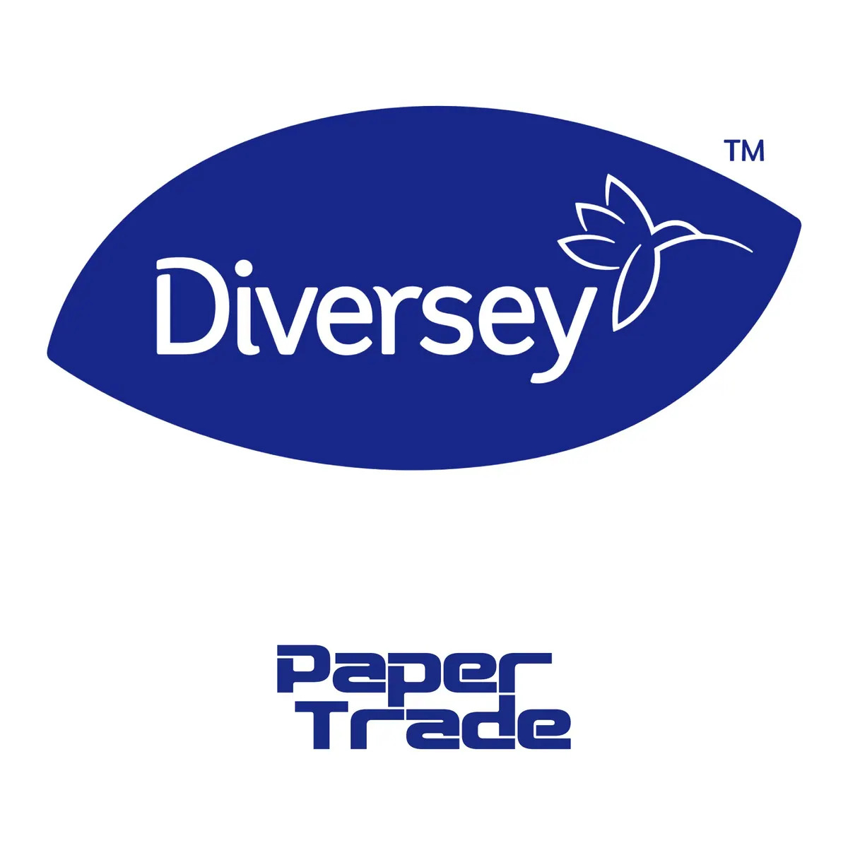 Post για τη συνεργασία με την Diversey: το μπλε λογότυπο Diversey πάνω και το λογότυπο Paper Trade από κάτω σε λευκό φόντο