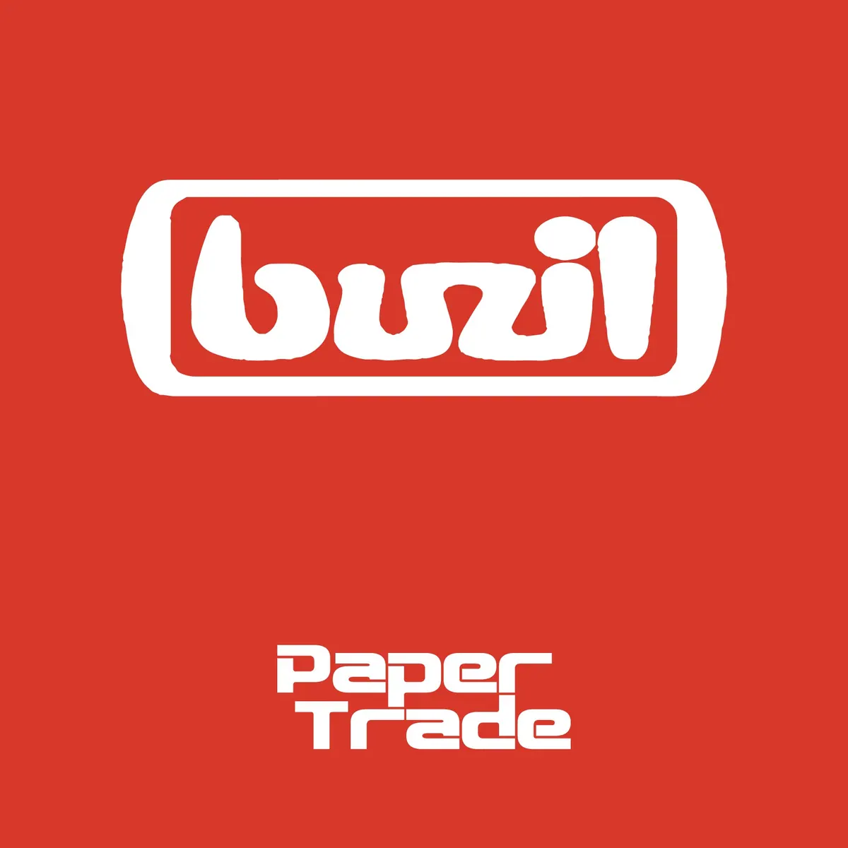 Post για τη συνεργασία με την Buzil: το λογότυπο Buzil σε κόκκινο φόντο με το λογότυπο Paper Trade σε λευκό