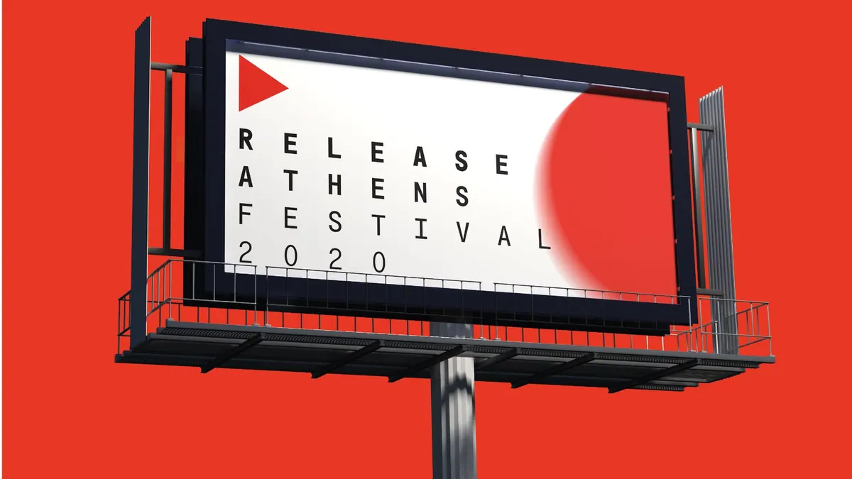 Billboard με το λογότυπο Release Athens Festival 2020 και θολό κόκκινο κύκλο
