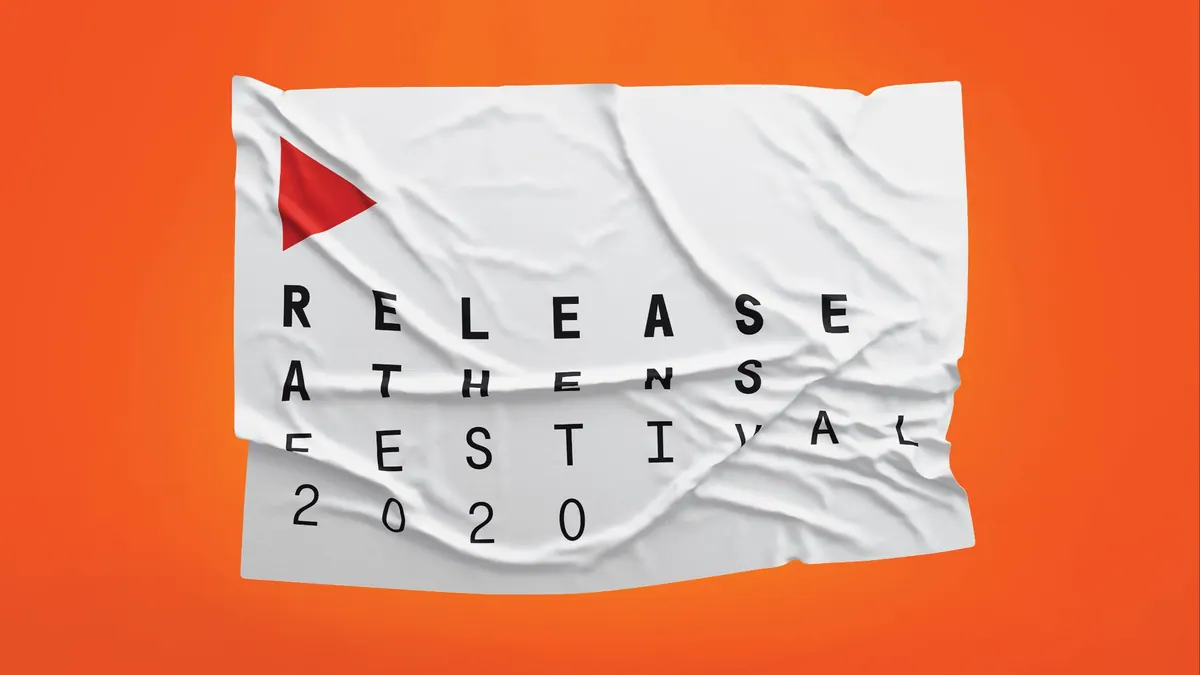 Σημαία Release Athens Festival 2020 με κόκκινο τρίγωνο play και αραιή τυπογραφία