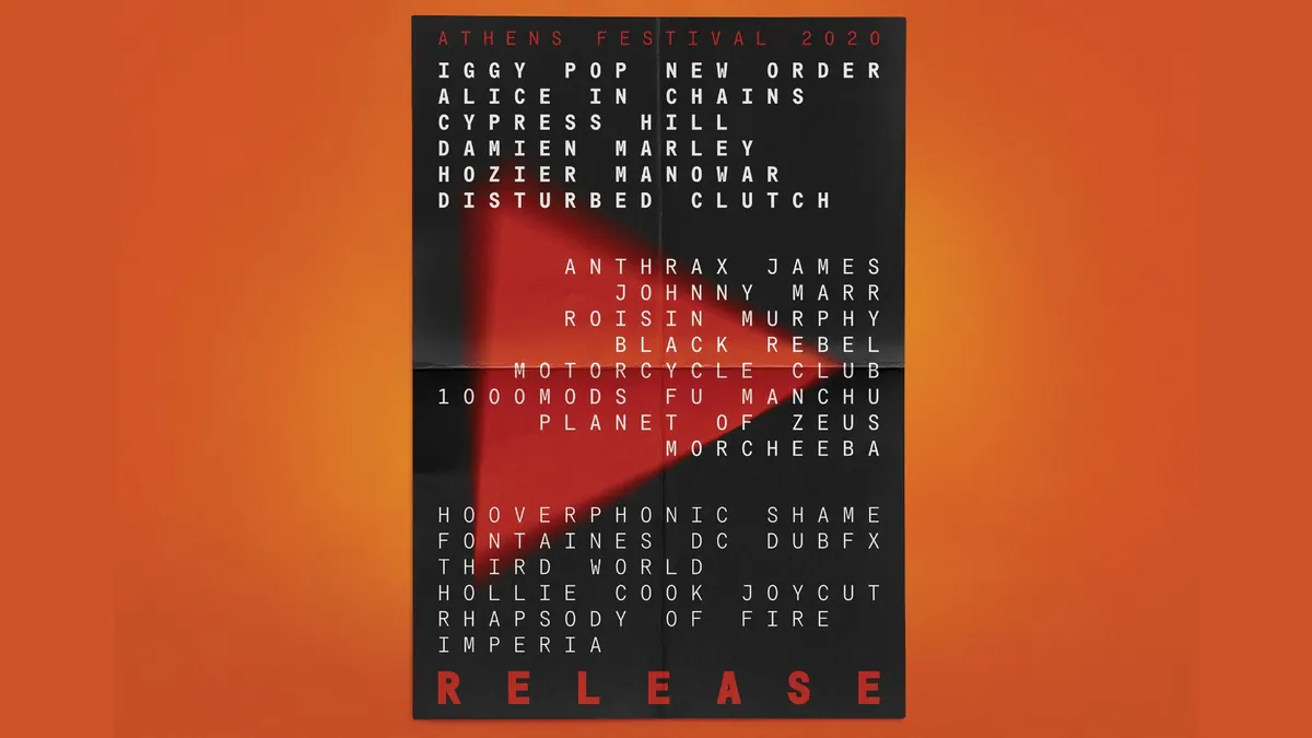 Μαύρη αφίσα line-up του Release Athens Festival 2020 με θολό κόκκινο τρίγωνο