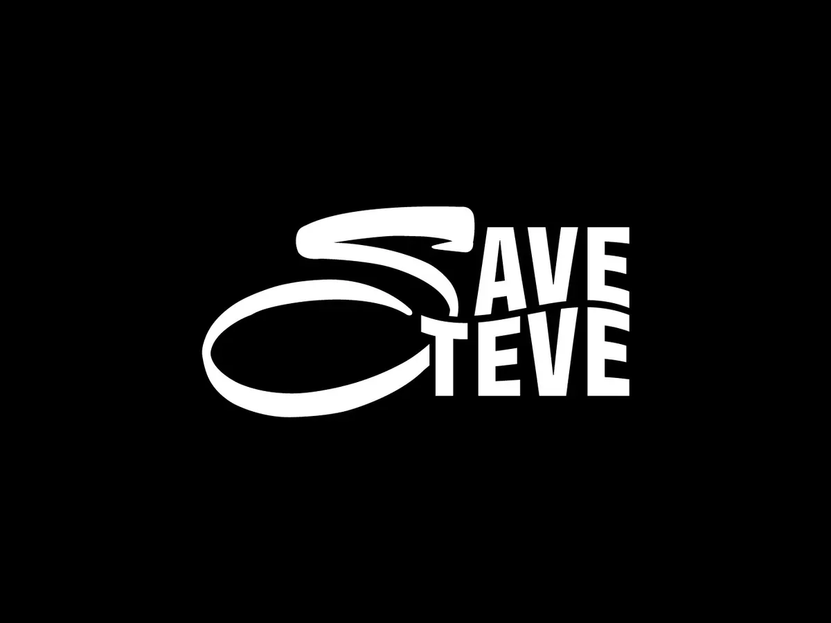 Λογότυπο Save Steve σε λευκό πάνω σε μαύρο φόντο