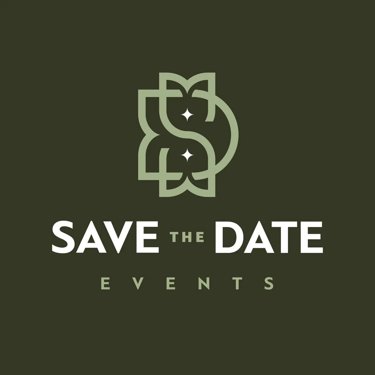 Λογότυπο Save the Date Events σε κάθετη διάταξη, σε σκούρο πράσινο φόντο