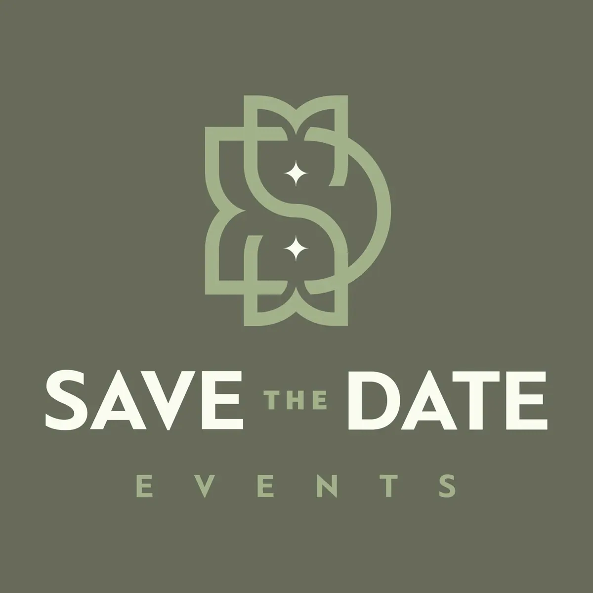 Κάθετο λογότυπο Save the Date Events σε λευκό και φασκομηλί πάνω σε λαδί
