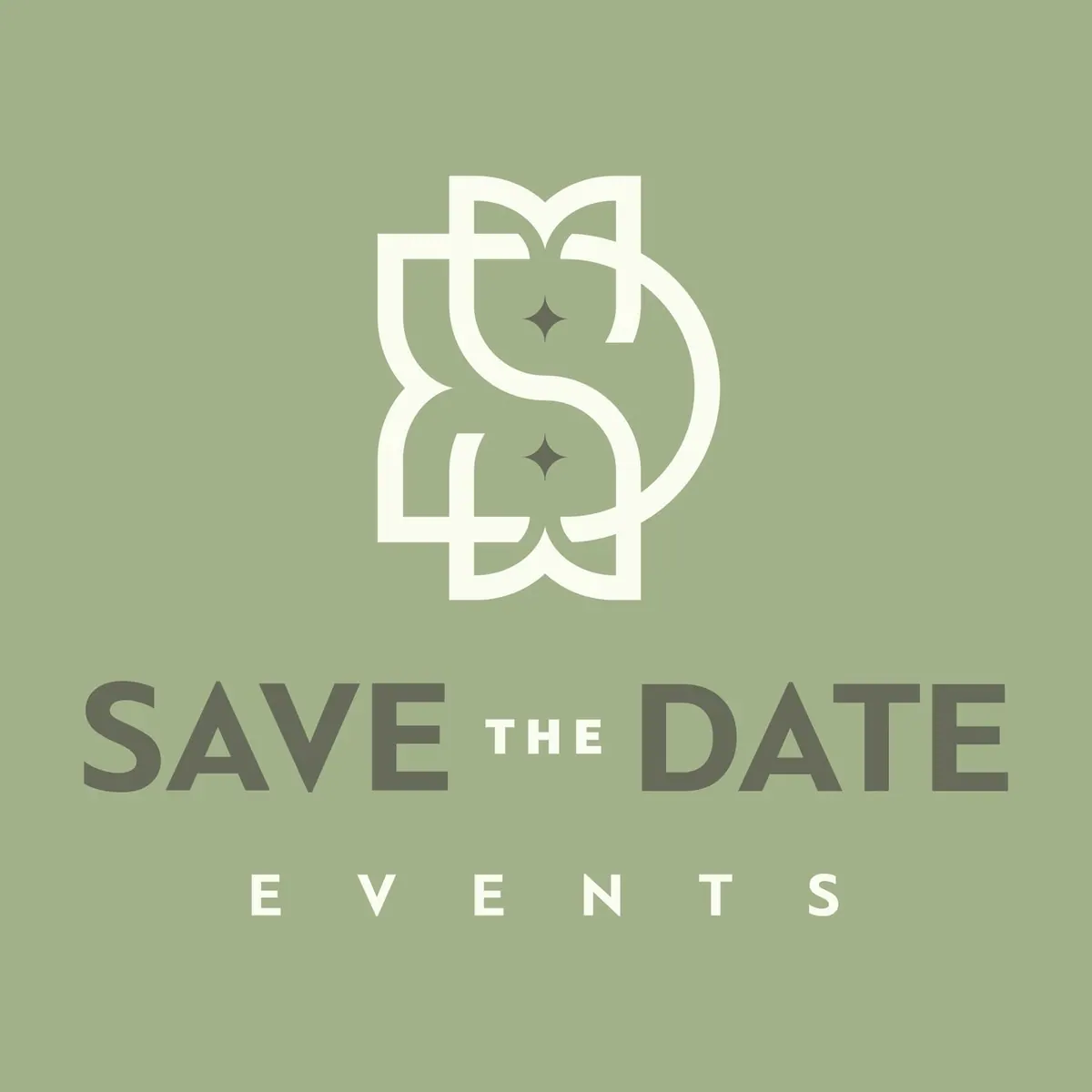 Κάθετο λογότυπο Save the Date Events σε φασκομηλί πράσινο φόντο