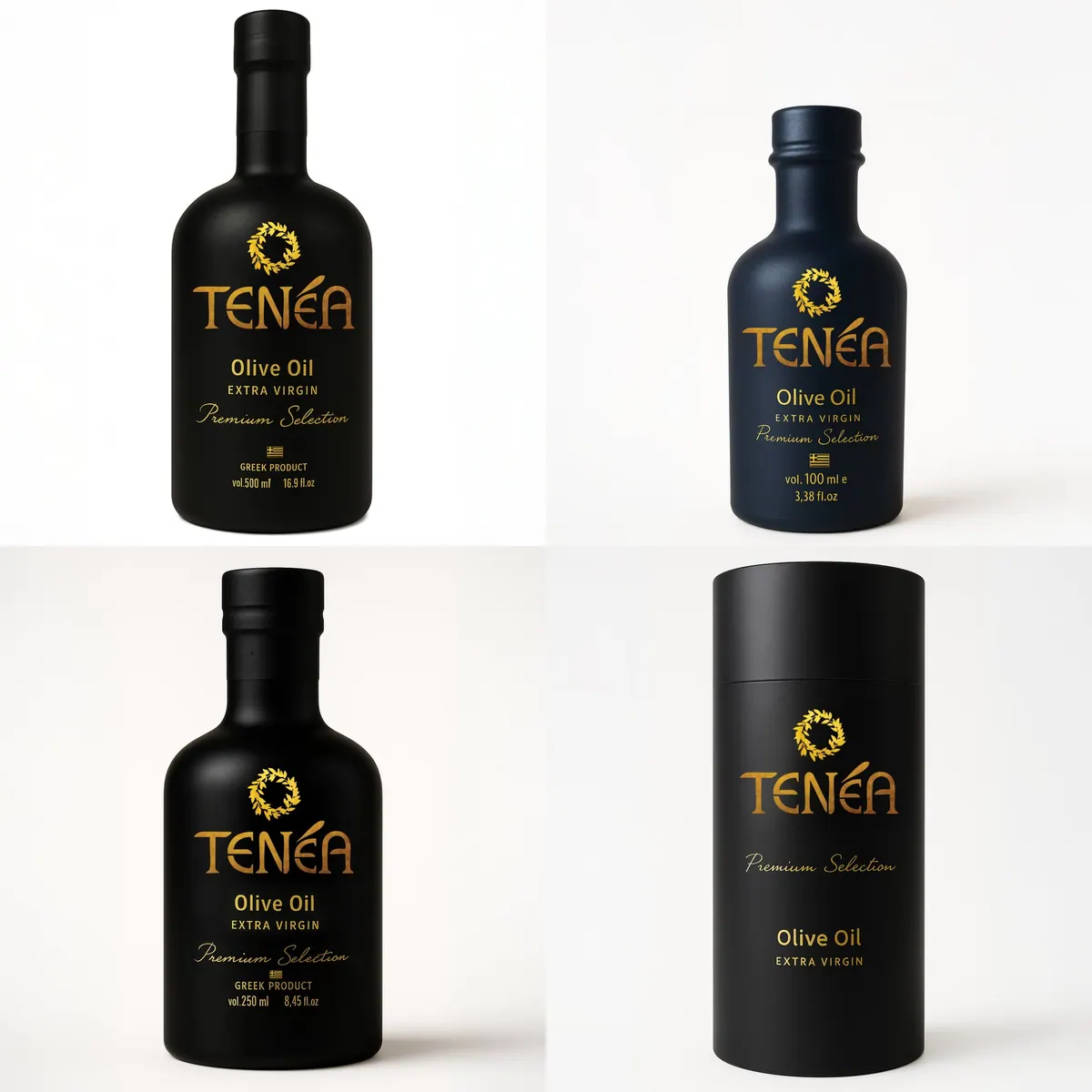 Μαύρα μπουκάλια TENÉA Premium Selection 500, 100 και 250 ml και η κυλινδρική συσκευασία δώρου