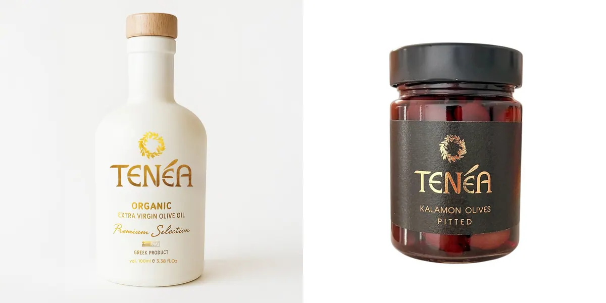 Λευκό μπουκάλι TENÉA Organic 100 ml και βάζο με ελιές Καλαμών χωρίς κουκούτσι