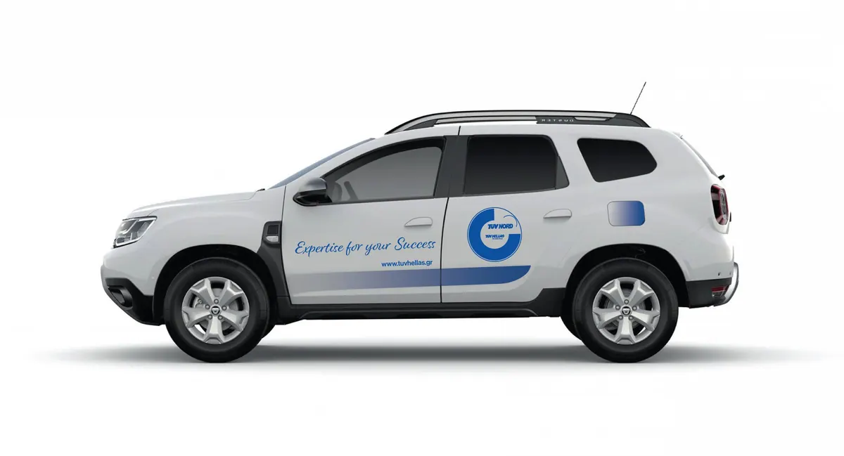 Η άλλη πλευρά του Dacia Duster με το Expertise for your Success, το tuvhellas.gr και μπλε λωρίδα