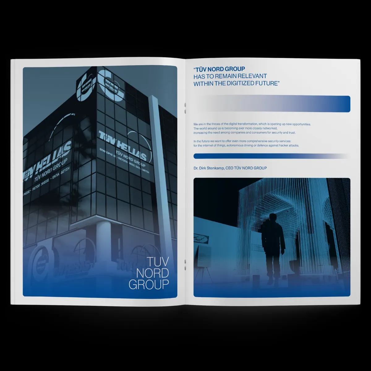 Δισέλιδο του εντύπου TÜV HELLAS για το TÜV NORD Group, με μπλε φωτογραφία κτιρίου και σήματος